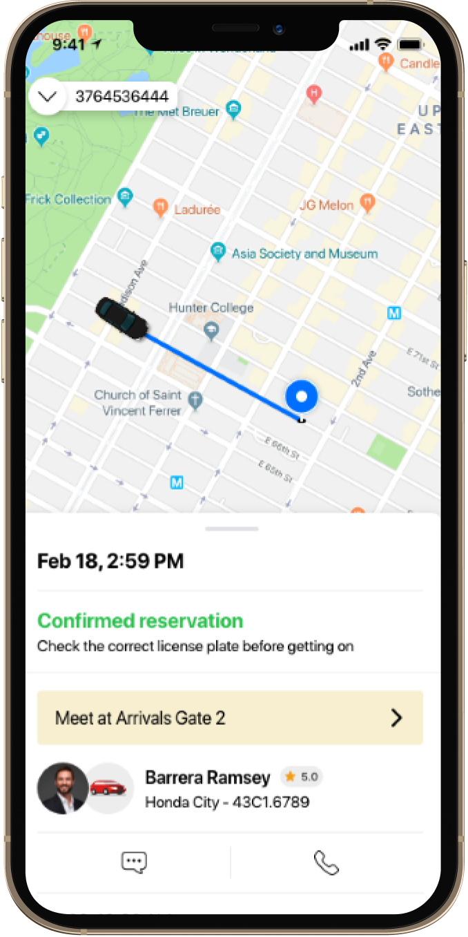 App screenshot, show active trip card with real-time information. Showing what time the reservation is for, driver information, and trip route.