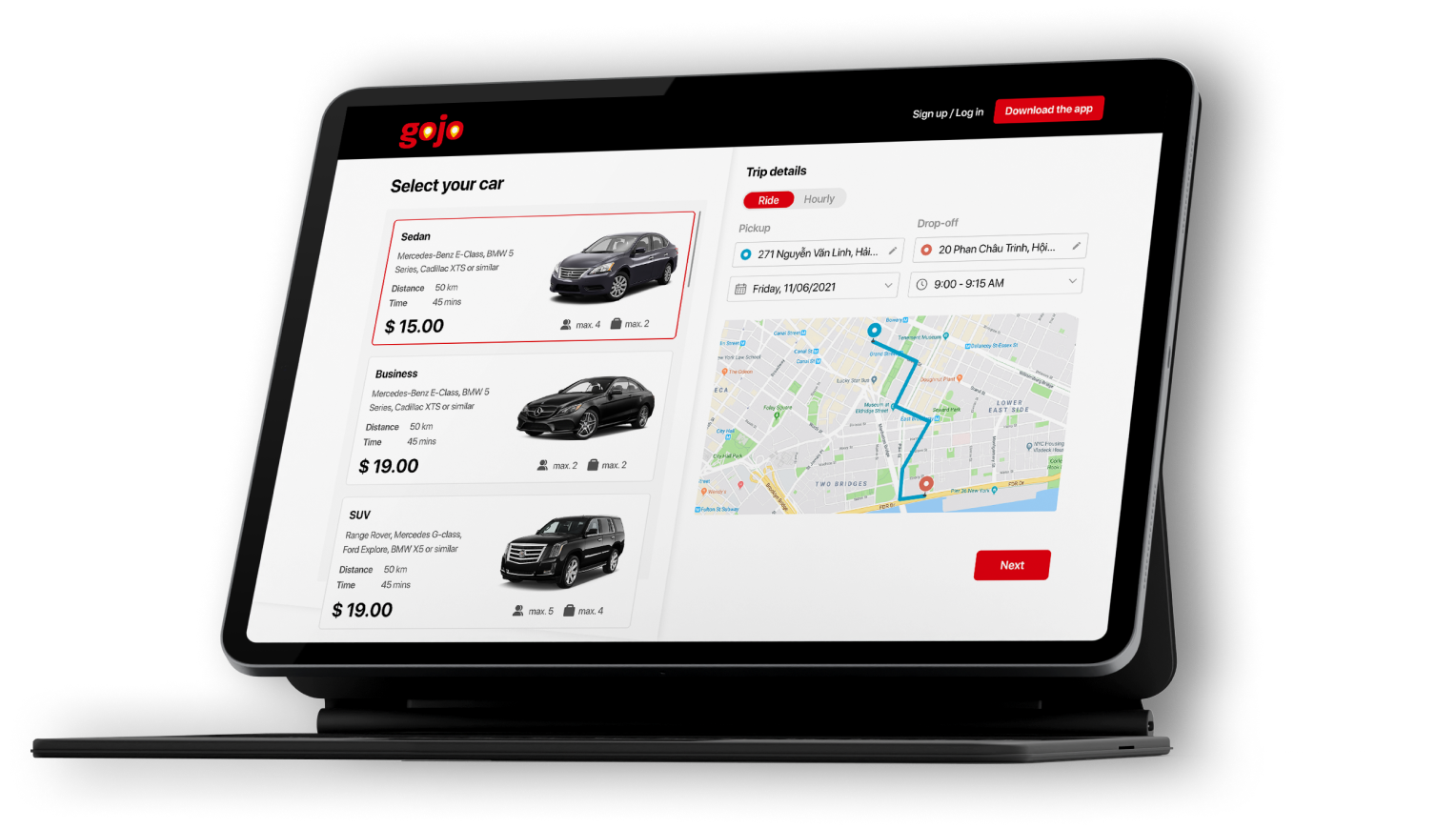 Web screenshot showing how to book a ride with GOJO.  You can choose a car, select your pick up, destination, time and view the route on a map.